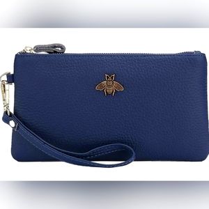 Navy blue clutch with hand strap and metal bee design club purse wristlet